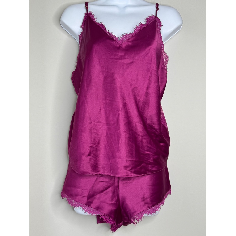 Victoria's Secret Satin Lace Pajama Set Women L Magenta Cami Shorts Boudoir Glam - Picture 12 of 14